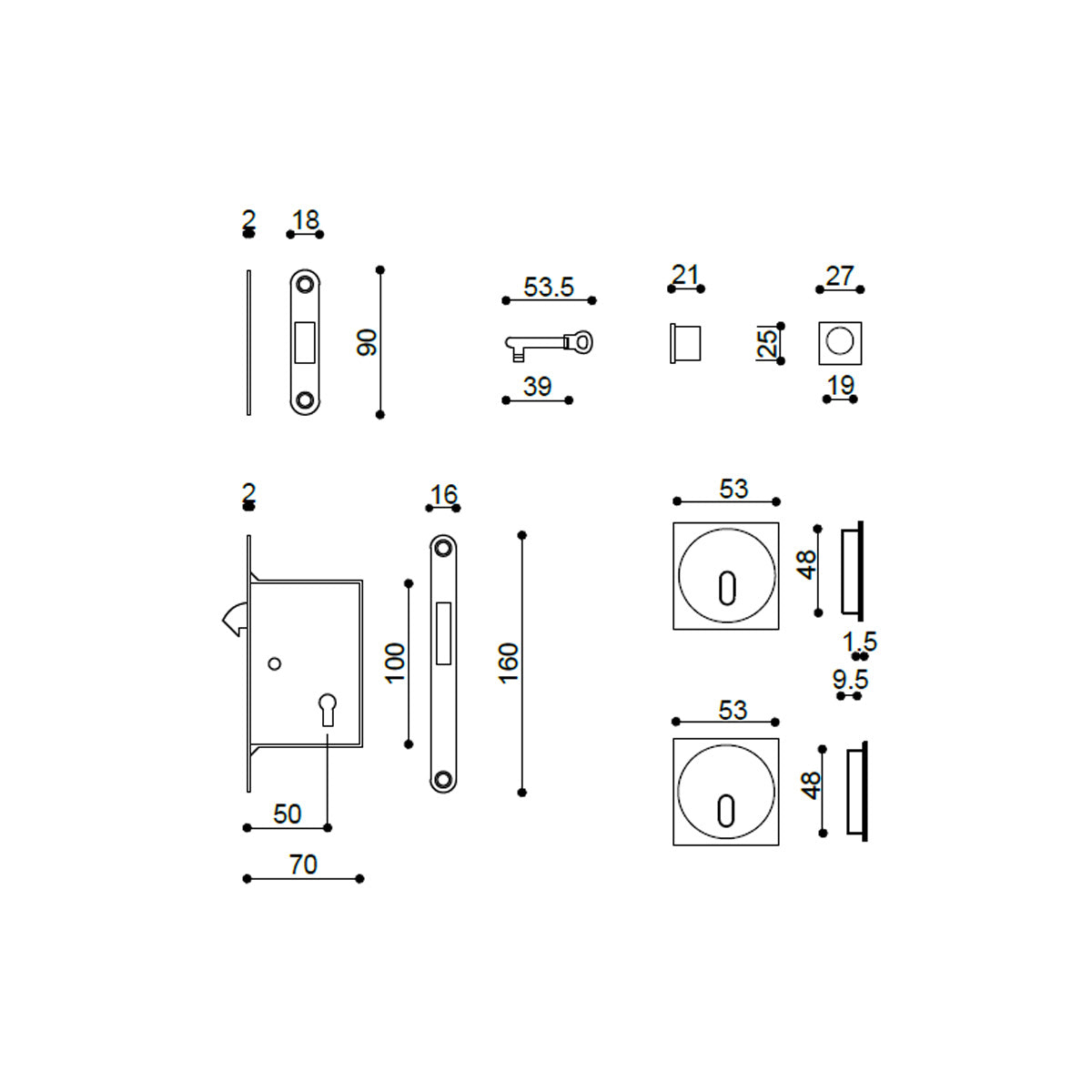 KIT INCASSO CON CHIAVE QUADRO EDGE 32 OTTONE LUCIDO